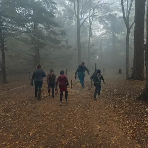 Prompt: a foggy miasma, attacking a group of adventures running through a forest