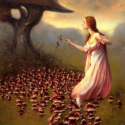 Prompt: woman commands little mushroom soldiers, by howard david johnson