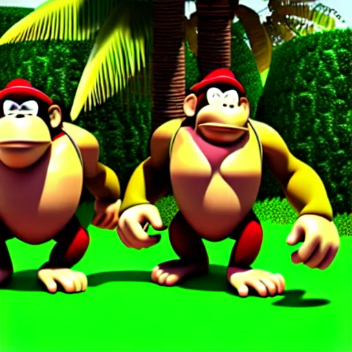 Image similar to Donkey Kong and Diddy Kong surrounded by tropical trees and barrels, 3D render