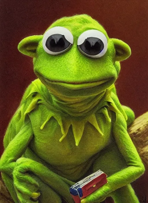 Prompt: portrait of Kermit the frog in Society (1989), highly detailed, centered, solid color background, digital painting, artstation, concept art, smooth, sharp focus, illustration, artgerm, donato giancola, Joseph Christian Leyendecker, Les Edwards, WLOP, Lovecraftian