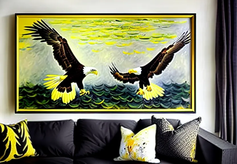 Prompt: framed black and yellow and white painting of an action shot of bald eagle with fish, hanging over couch, monet, realism