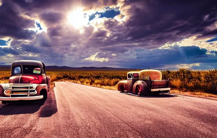 Image similar to A beautiful colorful evening scene of route66, old road with abandoned gas station and rusty old pickup truck, hyper realistic, blinding backlight evening sun, sparkling sun rays, epic scene, intense setting, evening vibe