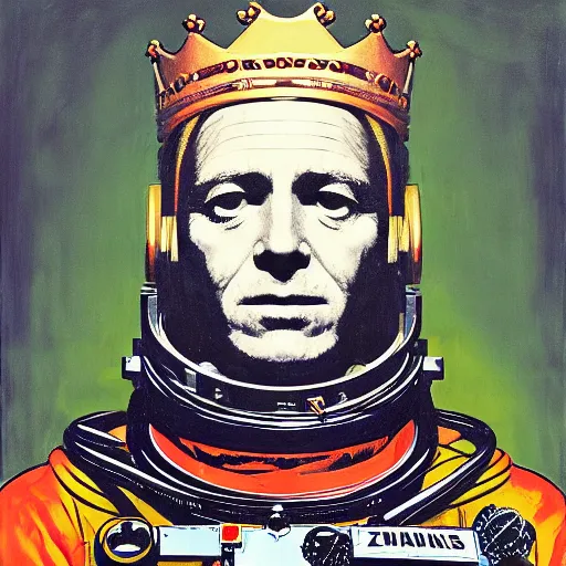 Prompt: portrait of a king with crown in astronaut suit by Andy warhol and Petros Afshar and Beeple, Edward Hopper and James Gilleard, Zdzislaw Beksinski, Mark Ryden, Wolfgang Lettl highly detailed