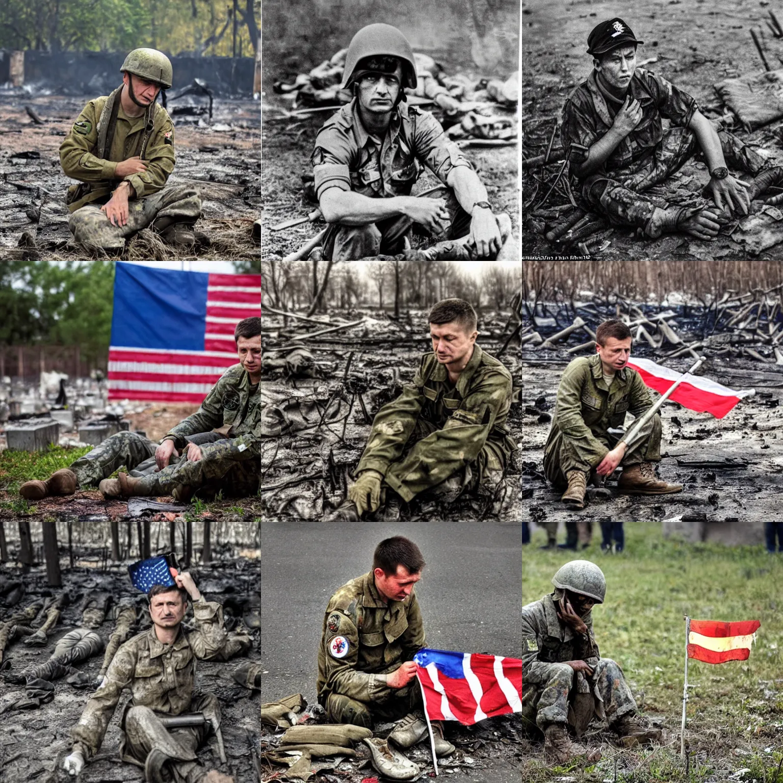 Prompt: Volodymyr Zelensky at war, dressed like a Vietnam war American soldier , sitting on the ground between dead corpses , crying and weeping, holding a half burnt flag of Ukraine, by Omaya Joha