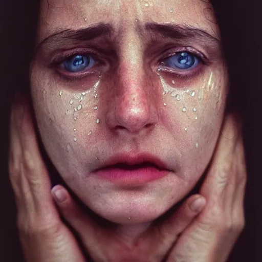 Image similar to portrait photography of women with tears in eyes by annie leibovitz, deep emotions, perfect facial symmetry, dim volumetric cinematic lighting, 8 k, post - processing, extremely hyper - detailed, intricate, epic composition, masterpiece, stunning,