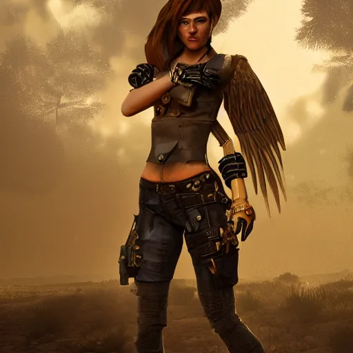 Image similar to beautiful young harpy, leather top, full round face, short smile, golden hour, post apocalyptic setting, medium shot, mid-shot, highly detailed, trending on Artstation, Unreal Engine 4k