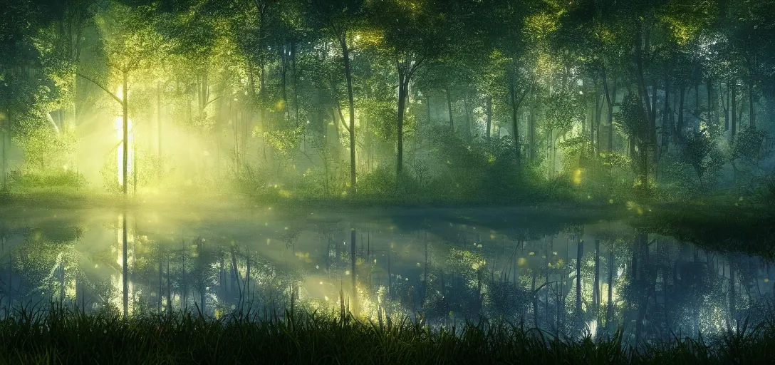 Image similar to beautiful view of a forest and a river, glowing dandelion seeds, fireflies, magical fairy dust, glowing water with caustics, mystical atmosphere, dappled light, reflections, light rays. refraction, symmetry, cinematic lighting, ultra detailed, sharp, ambient occlusion, bloom, raytracing, by dylan cole, sebastian meyer and jordan grimmer