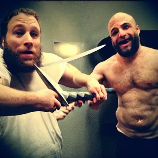 Image similar to “ seth rogen sword fighting with joe rogan ”