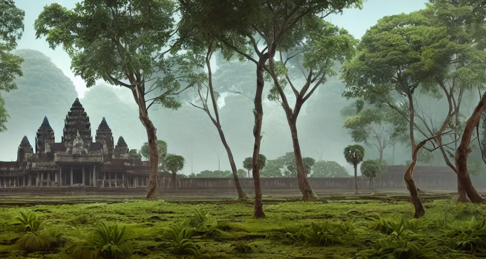 Image similar to Angkor Wat, lushious Jungle landscape, center composition, cinematic, rendered by simon stålenhag, rendered by Beeple, Makoto Shinkai, syd meade, environment concept, digital art, starwars, unreal engine, 3 point perspective, WLOP, trending on artstation, low level, 4K UHD image, octane render,