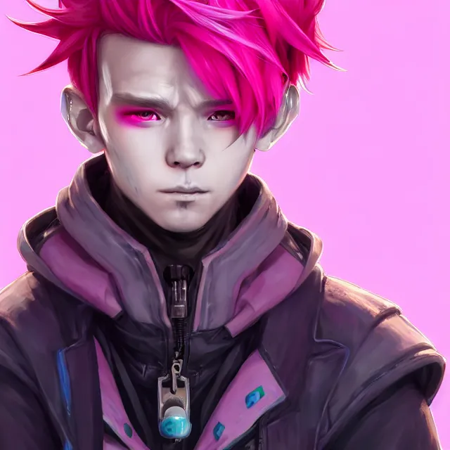 Image similar to character concept art of a cyberpunk boy with pink hair and pink wolf ears and freckles | | cute - fine - face, pretty face, key visual, realistic shaded perfect face, fine details by stanley artgerm lau, wlop, rossdraws, james jean, andrei riabovitchev, marc simonetti, and sakimichan, trending on artstation