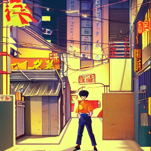 Image similar to salary man in small alley in golden gai, vaporwave nostalgia, commodore 6 4, visual novel cg, 8 0 s anime vibe, kimagure orange road, maison ikkoku, trending on artstation