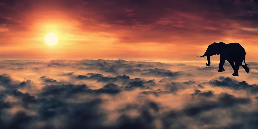 Image similar to an elephant flying over the clouds, sunset, moody, anime, cyberpunk