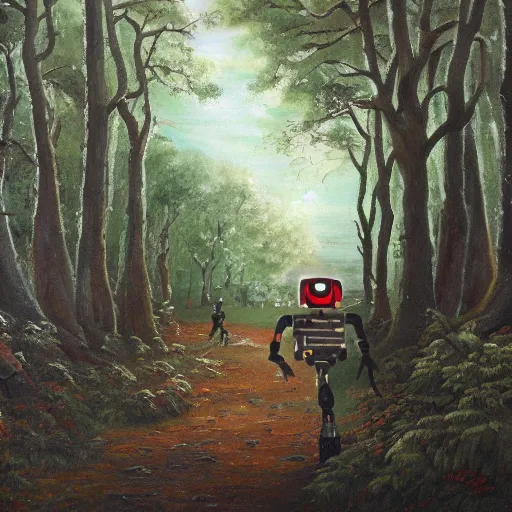 Prompt: a beautfiul painting of a robot running througj a forest,8k