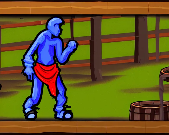 Image similar to screenshot of a crips gang member in the two dimensional web browser game swords and sandals ( 2 0 0 5 ), whiskeybarrel studios, high quality