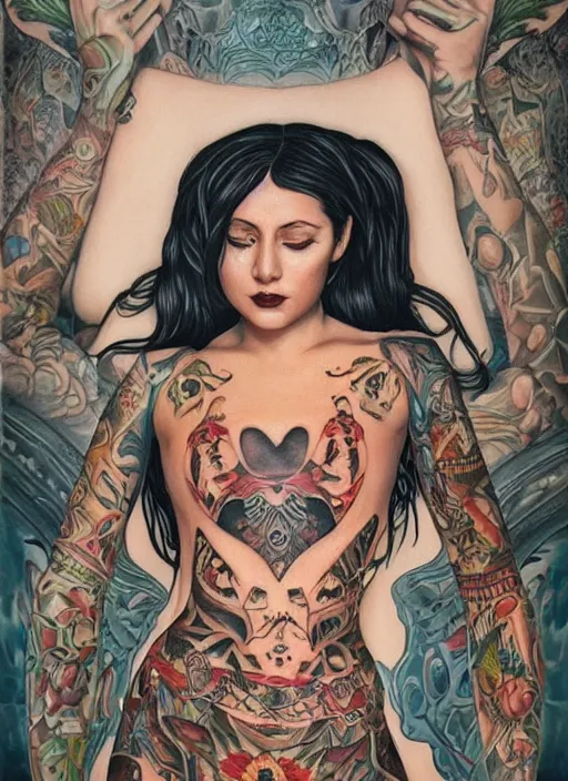 Image similar to beautiful enlightened woman instagram influencer with tattoos, tattooed skin, oil painting, robe, symmetrical face, dark ritual myth, by martine johanna masterpiece
