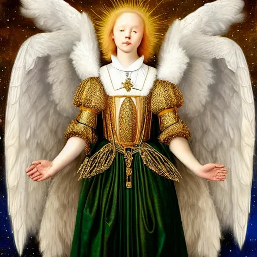 Image similar to highdetailed hyperrealistic painting of white angel!!! no gender!!!, giant ball of miracle light from the chest!!!!!, 4 k hd fur face!!!, big wings, by jan van eyck, holography space, white sparkles everywhere, thin strokes, high textures