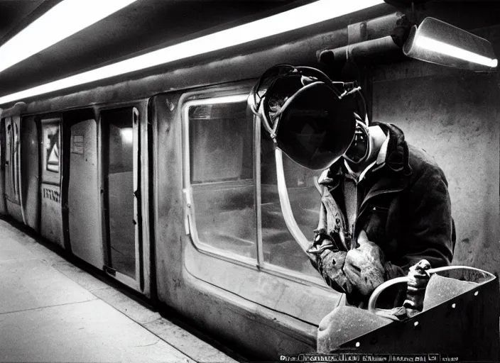 Image similar to welder in welding mask in a subway, by richard avedon, tri - x pan stock