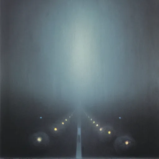 Image similar to thousands of beings standing on a road, car driver pov, headlights, by Zdzislaw Beksinski