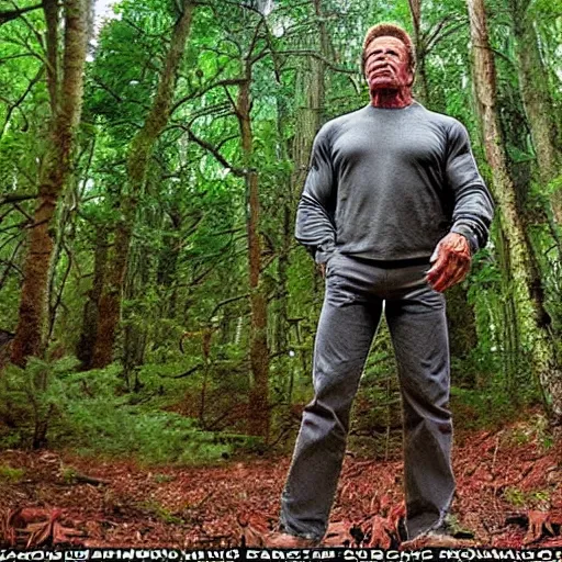 Image similar to Arnold Schwarzenegger at forest caught on trail cam, trail camera footage, wide angle lens, night vision