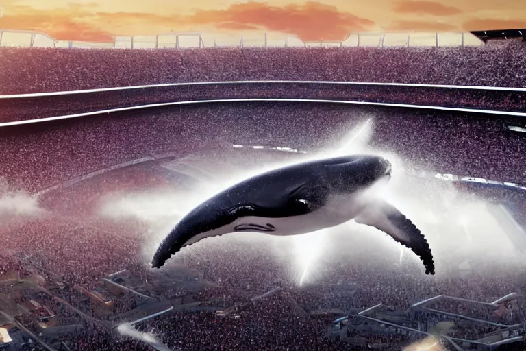 Prompt: a realistic cinematic still of humpback whale flying over the NFL Super Bowl Stadium cinematic lighting by Jessica Rossier