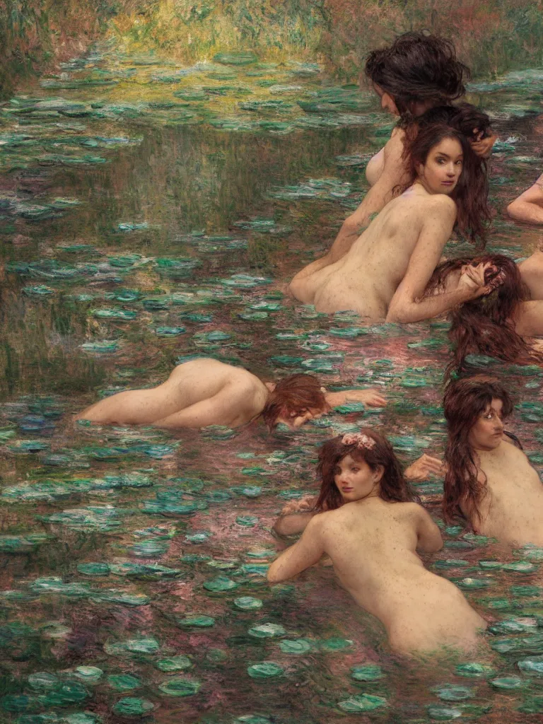 Image similar to illustration studio portrait of three dark beautiful woman bodies mermaids female energy in artistic poses in the river at the forest, monet painterly motives and textures pattern, hyper detailed, octane render, vivid colors, artstation, by jeremy mann, by alphonse mucha, by monet