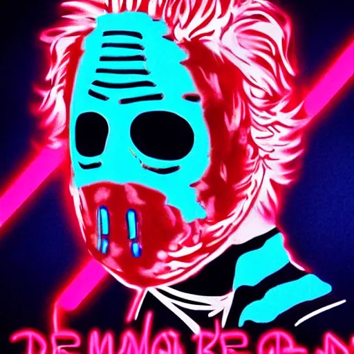 Prompt: dennis reynolds wearing half of a jason hokey mask. pink and blue neon with red and black letters in neon font that says the golden god butcher knife movie poster