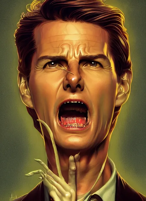 Prompt: poster artwork by Michael Whelan and Tomer Hanuka, Karol Bak of Tom Cruise screaming due to his mind expanding too much, from scene from Twin Peaks, clean, simple illustration, nostalgic, domestic, full of details