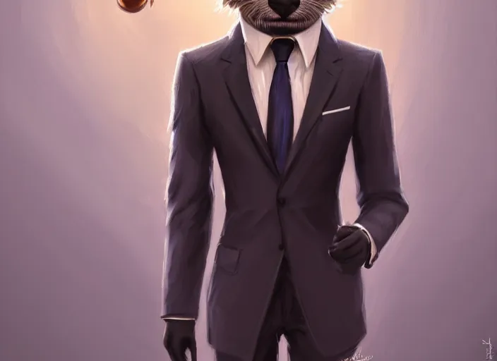 Image similar to well proportioned, stylized expressive master furry art painting by blotch and rukis of an anthro otter, headshot, wearing suit and tie, walking to his job character portrait feature stylized by charlie bowater, ross tran, artgerm, makoto shinkai, detailed, soft lighting, rendered in octane