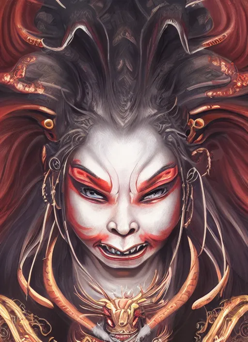 Image similar to a beautiful detailed oil on copper art illustration of a oni hannya mask shogun dragon woman, centered, by charlie bowater, zeng fanzh, trending on artstation, dim dusk lighting, cinematic lighting, detailed lighting, volumetric lighting, realistic, f 8, 4 k hd wallpaper