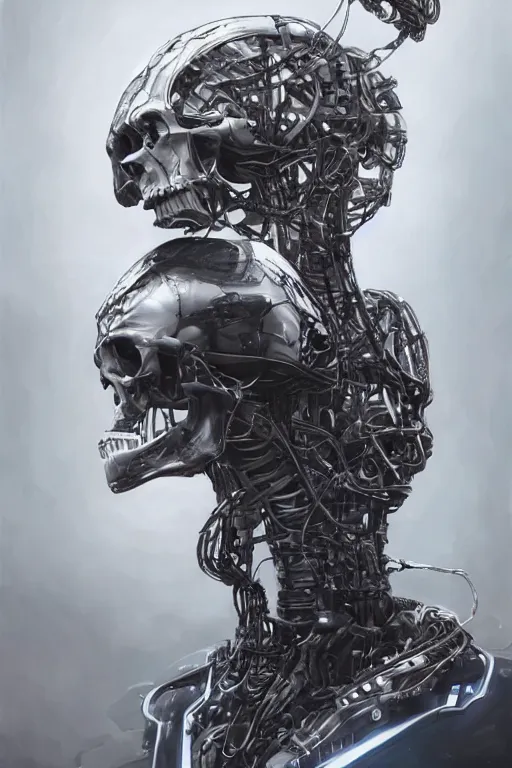 Image similar to Ultra realistic illustration of a robot sitting holding a human skull!!!!!!!, cyberpunk, sci-fi, fantasy, intricate, elegant, highly detailed, digital painting, artstation, concept art, smooth, 8k octane render, extremely hyperdetailed, intricate complexity, sharp focus, illustration, art by artgerm and greg rutkowski and blizzard studios