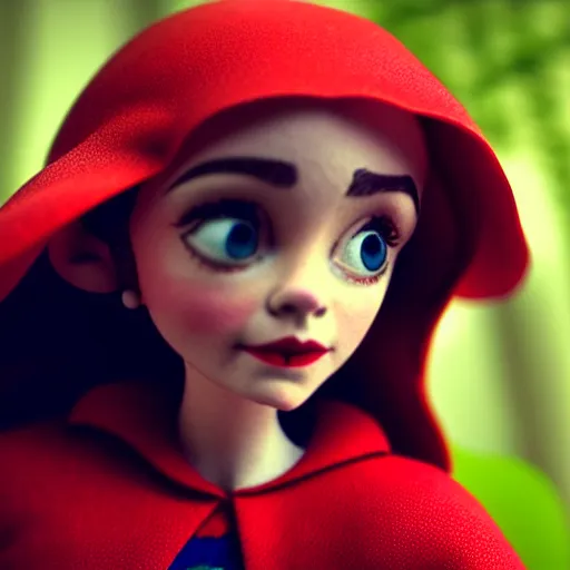 Image similar to a cinematic film still of a claymation stop motion film starring emma watson as little red riding hood, looking at wild wolf, shallow depth of field, 8 0 mm, f 1. 8