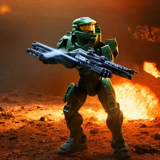 Prompt: professional photo of the master chief from halo engaged in combat with massive explosions and dirt and debris all around in the style of the movie lone survivor nikon d 8 0 6 0 mm lens, cinematic lighting and shadows