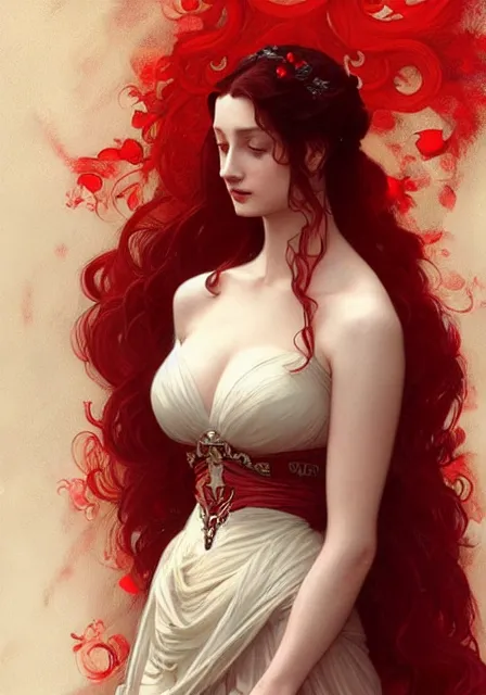 Image similar to sansa fatal women in red, intricate, elegant, highly detailed, digital painting, artstation, concept art, smooth, sharp focus, illustration, art by artgerm and greg rutkowski and alphonse mucha and william - adolphe bouguereau