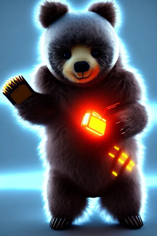 Image similar to high quality 3 d render very cute fluffy cyborg bear! plays electric guitar, cyberpunk highly detailed, unreal engine cinematic smooth, in the style of blade runner & detective pikachu, hannah yata charlie immer, moody light, low angle, uhd 8 k, sharp focus