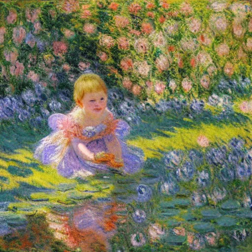 Prompt: A baby girl crawling in a fantasy garden with fairy around, oil painting, detailed, art by Claude Monet