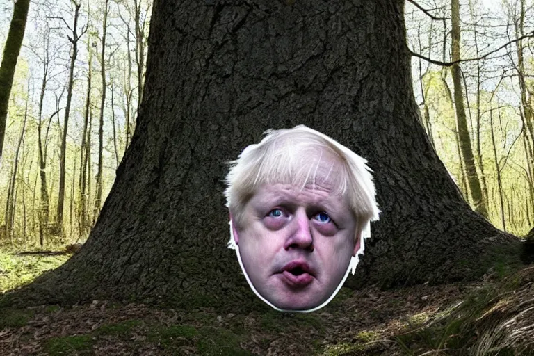 Prompt: derpy boris johnson staring at you from behind a tree in the forest, trailcam footage