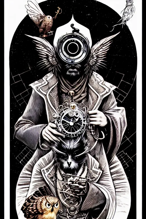 Image similar to a majestic steampunk alchemists cloaked wizard holding his pet owl, high details, bold line art, by vincent di fate and joe fenton, inking, etching, screen print, masterpiece, trending on artstation, sharp, high contrast, hyper - detailed,, hd, 4 k, 8 k