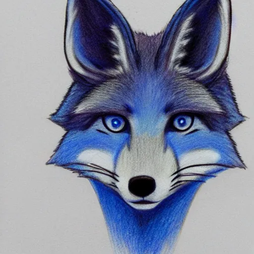 Prompt: high quality colored pencil sketch portrait of an anthro furry fursona blue fox, handsome eyes, sketch doodles surrounding it, photo of notebook sketch