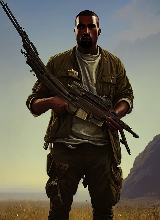 Image similar to highly detailed portrait kanye holding rifle in gta v stephen bliss unreal engine fantasy art by greg rutkowski loish rhads ferdinand knab makoto shinkai lois van baarle ilya kuvshinov rossdraws tom bagshaw global illumination radiant light detailed intricate environment