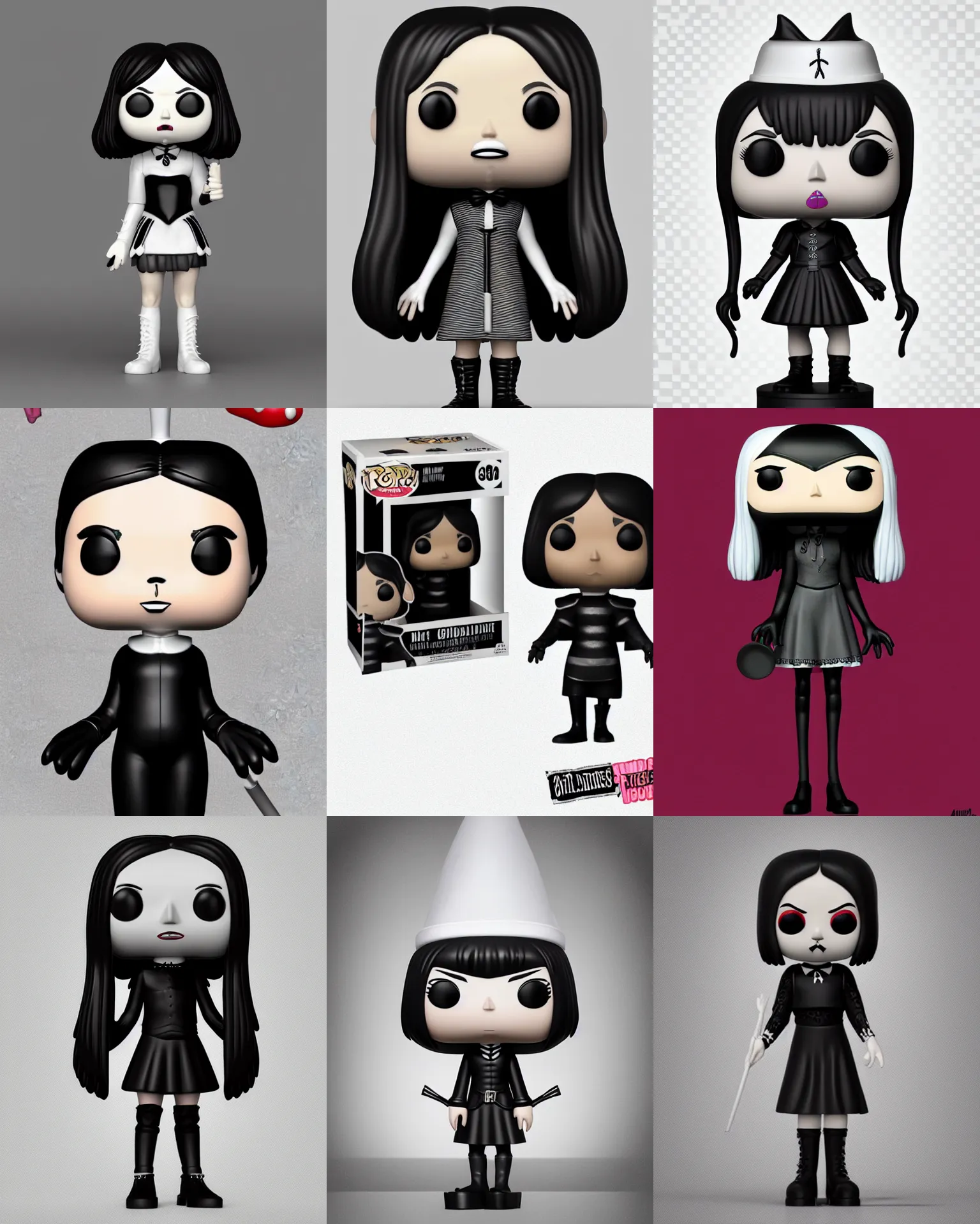 Prompt: full body 3d render of goth Wednesday Addams from Addams Family as a Funko Pop, studio lighting, white background, blender, trending on artstation, 8k, highly detailed
