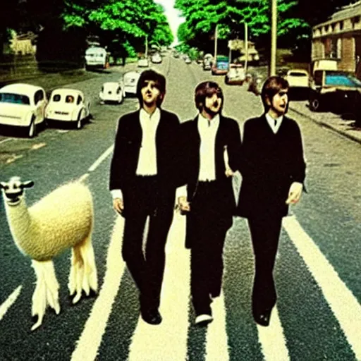 Image similar to iconic beatles album cover with llamas