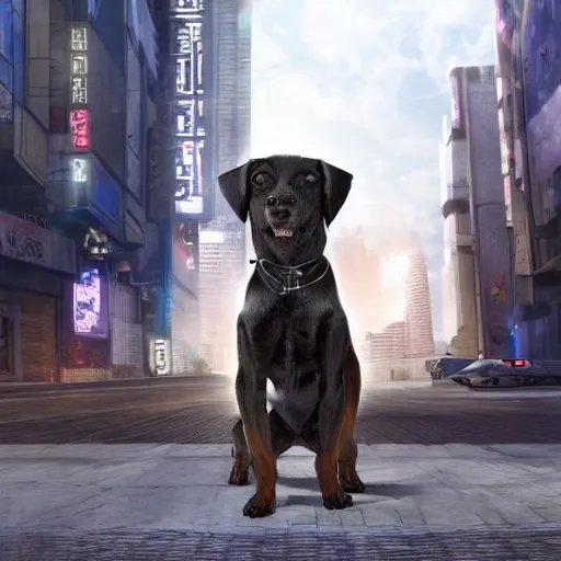 Prompt: a hyperrealistic cyberpunk dog, extreme wide shot