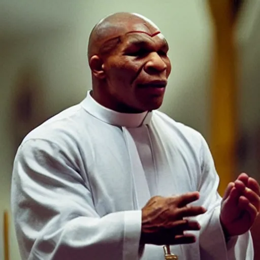 Prompt: Mike Tyson as a catholic priest praying over his congregation