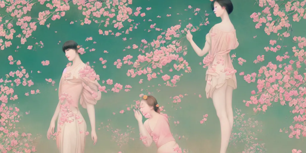 Prompt: breathtaking delicate painting pattern blend of flowers and girls, by hsiao - ron cheng, bizarre compositions, many exquisite detail, pastel colors, 8 k