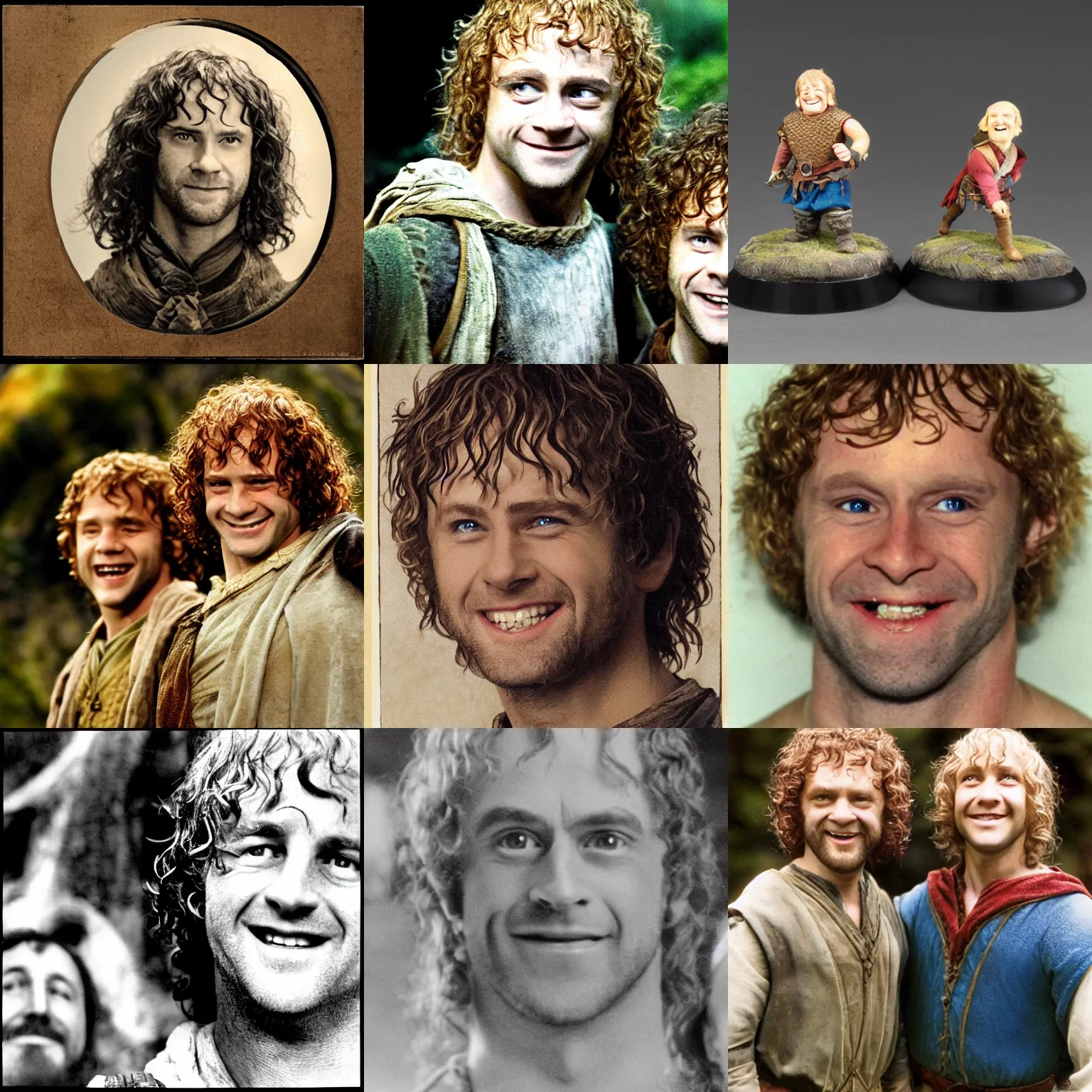 Prompt: Pippin and Merry of the Fellowship of the Ring smiling, frontal shot, photograph