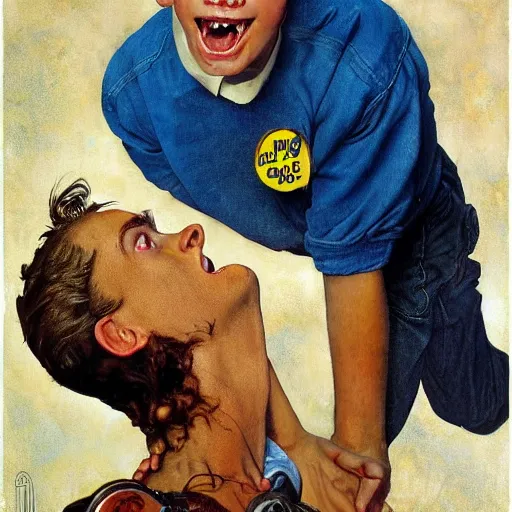 Prompt: a handsome teenage boy with sandy brown hair and blue eyes with a blue and white color scheme engaged in a a singing contest against a demon with his soul on the line. By Norman Rockwell, Dan mora, Toby Lewin