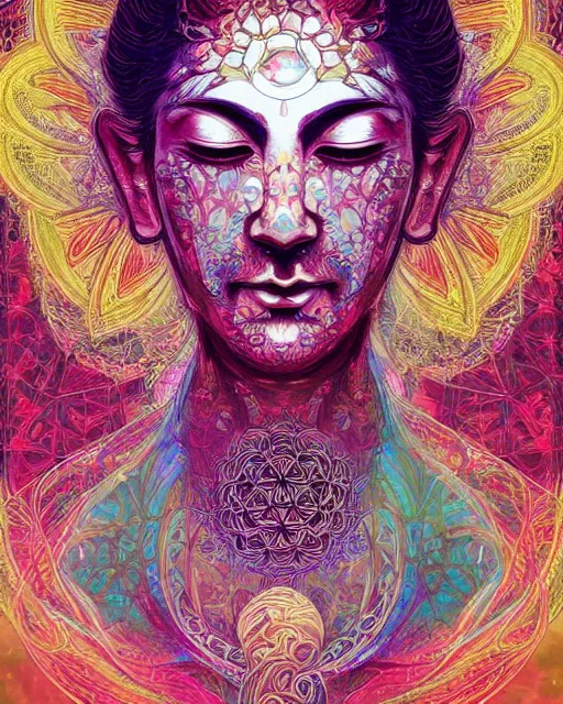 Image similar to flower of life contented peaceful open eyes smiling male bodhisattva, praying meditating, portrait, intricate, colorful, symmetrical, art by artgerm and wlop and james jean and carne griffiths, artstation 8 k uhd