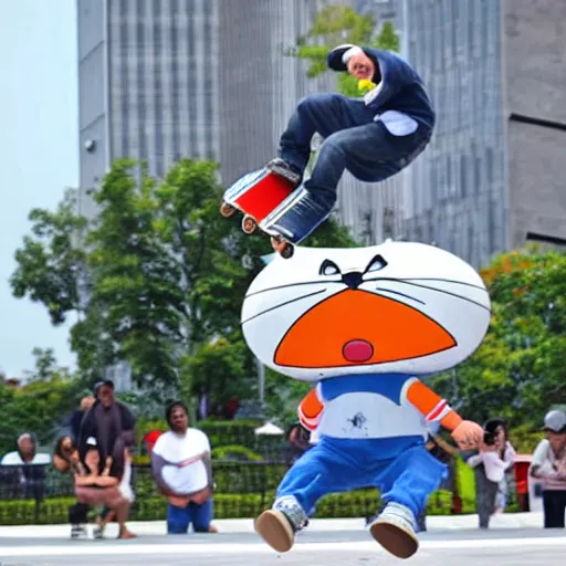 Prompt: doraemon performing skateboard tricks, wearing baggy clothing