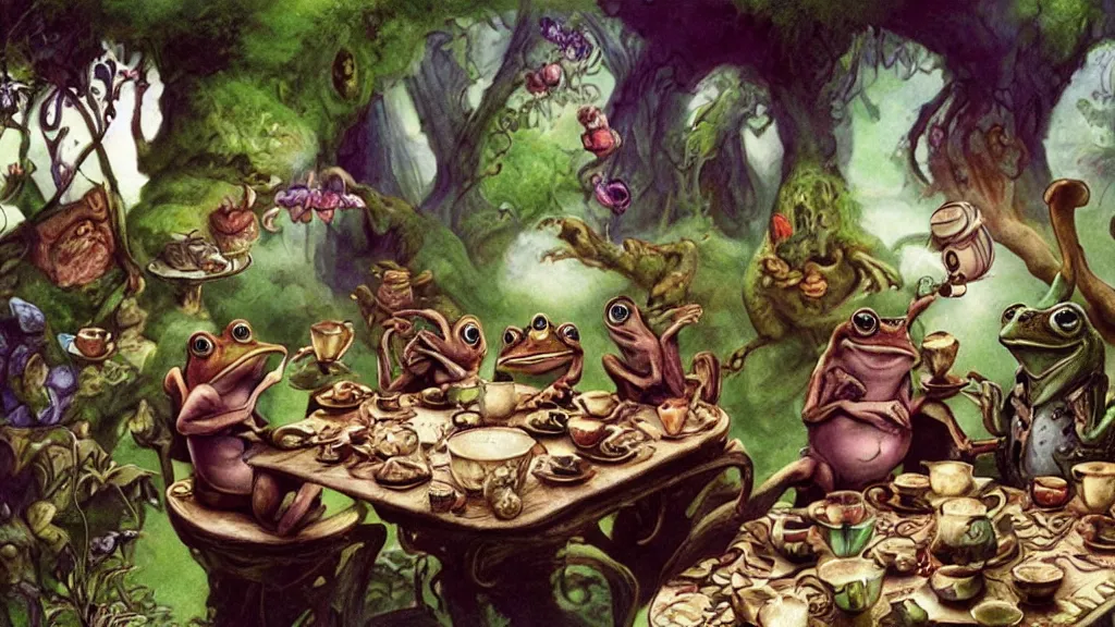 Prompt: A movie screenshot of frogs and toads (by Brian Froud) having tea with Alice in Wonderland, directed by Francis Ford Coppola, cinematic, balanced composition, terrifying. This is the sort of thing you'd find in hell. If you ever see this, you'll go insane.