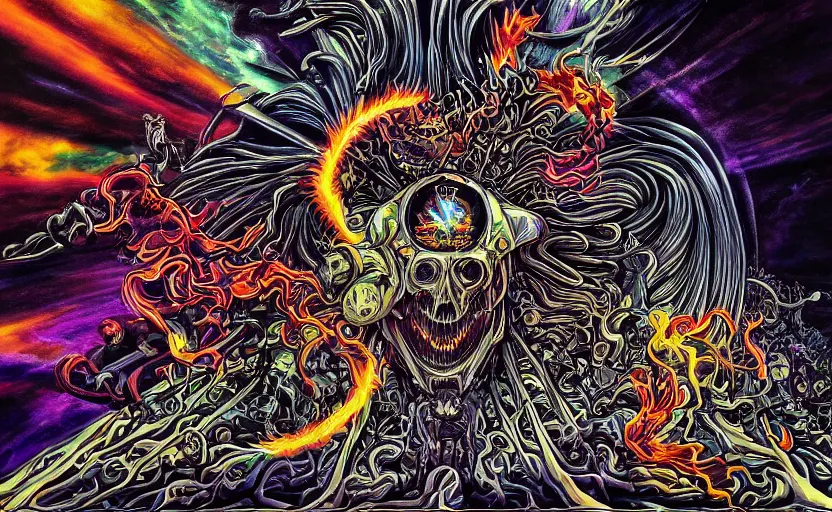 Prompt: a psychedelic metal album cover with a chaotic deep fried meme featuring an ominous art deco liminal space with a enraged cybernetic demon spitting fire in the sky by Kentaro Miura, ultrakill screenshot